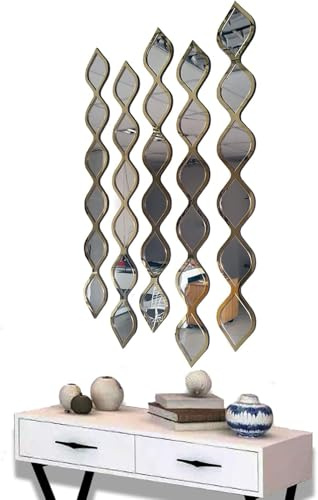 MDM Dizayn Stück natürliche Dekoration Wassertropfen Acryl Wanddeko Spiegel Inneneinrichtung Design Holzspiegel Böhmische Wanddekoration für Zuhause Wohnzimmer Schlafzimmer Dekor (Gold), 92x60