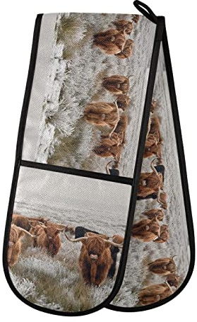 Poeticcity Reddish Brown Scottish Highland Crowd White Winter Landscape Double Oven Mitt Gloves Extra Long Potholder High Heat Resistant for Baking Cooking Baking Grilling Handling Hots Pans 35x7