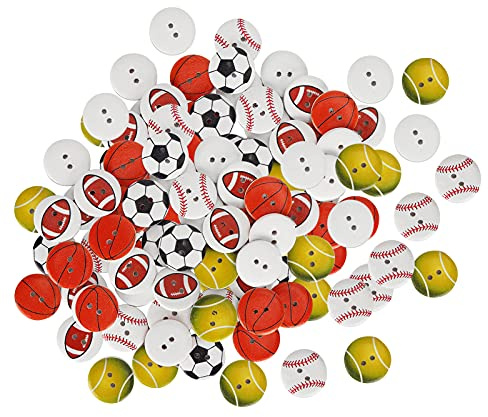 100 Stück Holz Knöpfe, 2 Loch 2 cm Runde Bastelknöpfe Basketball Fußball Gemischte Muster Annähknöpfe zum Stricken Scrapbooking