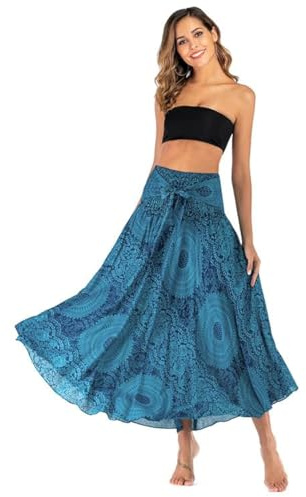 Kuukaas Women's Maxi Skirt Summer Beach Dress Long High Waist Floral Pattern One Size, S006-Blue