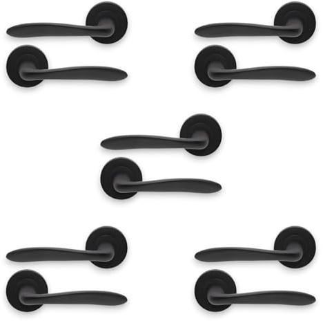 Infinity Decor Pair of 5 Matt Black Lever Door Handle on Round Rose Set Interior Pull Handles – for Interior & Exterior Doors