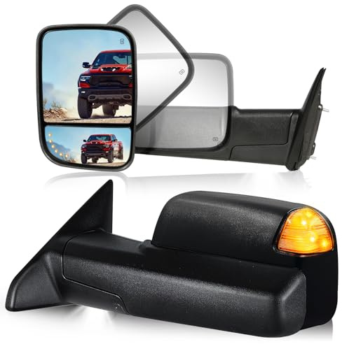 SIZIOM Towing Mirrors for 2009-2018 Dodge Ram 1500, 2010-2018 Ram 2500 3500, 2019-2024 1500 Classic Side Mirrors with Power Heated Turn Signal Light Puddle Lamp Manual Flip Up Pair Set(Textured Black)