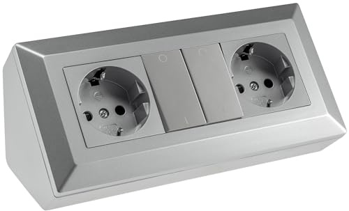 ChiliTec Ecksteckdose 2-Fach Silber Grau mit Schalter | Schutzkontaktsteckdose, Einzelschaltung, Ohne Kabel, Für Küche Büro Werkstatt