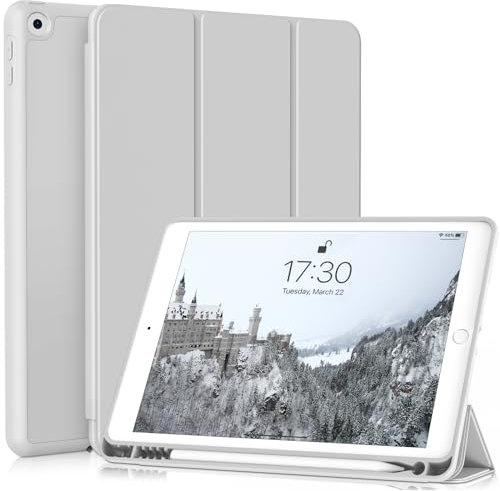 ZKTUYU Hülle für iPad 9. / 8. / 7. Generation mit Stifthalter 10.2 Zoll Modell 2021/2020/2019, Ultradünne Schutzhülle aus TPU mit Standfunktion für iPad 10,2 Zoll, Auto Wachen/Schlafen Funktion, Grau