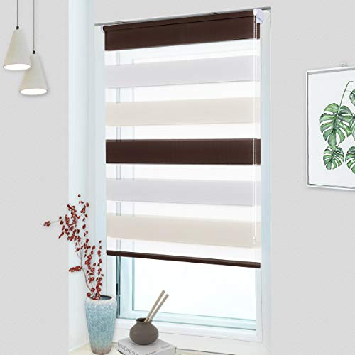 MupFup Doppelrollo Klemmfix ohne Bohren,Duo Rollo Klemmrollo Weiß-beige-braun 85 x 140cm(BxH), Lichtdurchlässig & Verdunkelnd Fensterrollo für Schlafzimmer, Badezimmer, Wohnzimmer Fenster und Tür