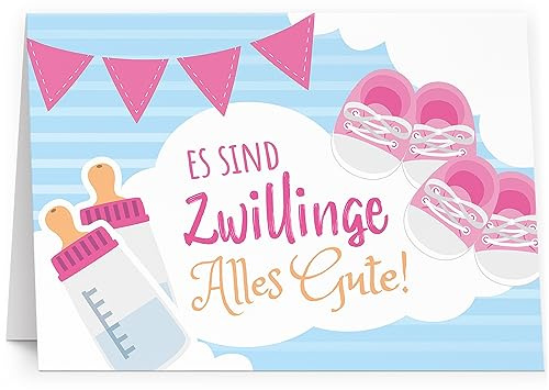 XXL Glückwunschkarte Zwillinge Mädchen Alles Rosa (A4) zur Geburt hochwertige Klappkarte | Große Design Maxi Karte Grußkarte Glückwunsch mit Umschlag Zwilling
