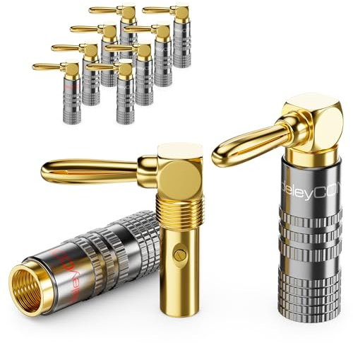 deleyCON Bananenstecker Set 90° gewinkelt, vergoldet, schraubbar, 10 Stück | Für Lautsprecherkabel und Boxenkabel 0,75 mm - 4,5 mm, HiFi Heimkino Receiver