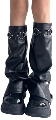 Ruarby Harajuku PU Leder Beinwärmer Gothic Punk Lange Socken Ausgestellte Beinärmel Gamaschen Goth Winter Manschetten Knöchelhaufen Socken Leder Beinbezüge