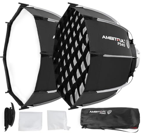 AMBITFUL SE Mini Softbox Bowens Mount, Quick Release Soft Box with Diffusers/Honeycomb Grid/Bag,Small Softbox Compatible with Godox Aputure Video Studio Light (PS45)