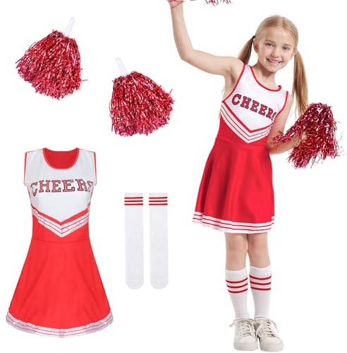DAZZTIME Cheerleader Kostüm Kinder,Cheerleadering Outfit Mädchen,Kinderkostüm Cheerleader,Cheerleader Kostüm Mädchen,Kinder Cheer Outfit mit Pompoms Socken für Karneval Halloween,Fasching,Mottoparty