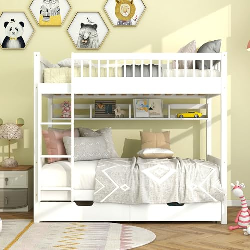 BTM Bunk Bed, 3FT Wooden Bunk Beds with Drawer Storage, Pine Bunk Beds with Shelf, White (90x190cm)