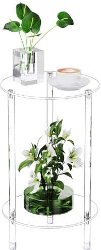 Bkemiy Mesa auxiliar redonda de acrílico transparente para espacios pequeños, 11.8 pulgadas de largo x 11.8 pulgadas de ancho x 19.8 pulgadas de alto, mesita de noche pequeña y moderna de 2 niveles,