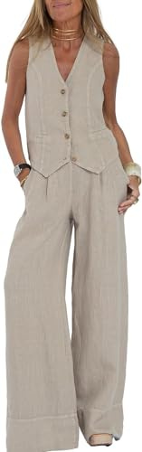 HUANGJB Ensemble 2 pièces pour femme avec col en V, gilet sans manches, pantalon à jambes larges, blazer d'été assorti en lin, beige, L