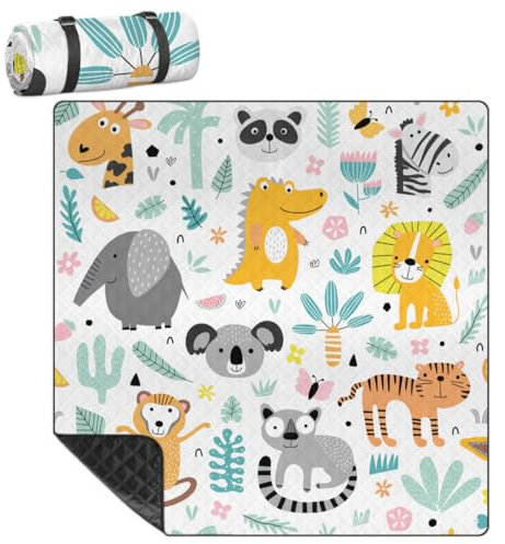 Mularoka Picknickdecke mit Elefanten-Giraffen-Zebramuster, wasserdicht, sanddicht, faltbar, Stranddecke, 200,7 x 200,7 cm, extra groß, tragbar, waschbar, Outdoor-Matte für Camping, Park, Gras,