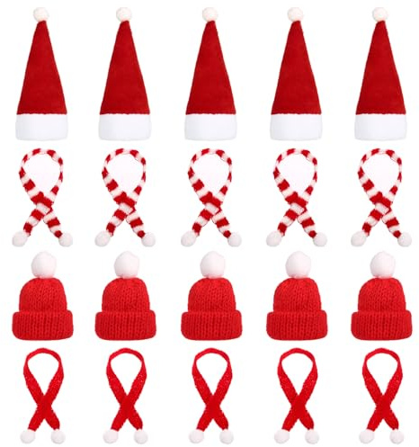 LIHAO 20 Stück Mini Weihnachtsmütze und Schal Set Strick Nikolausmütze Klein Weihnachtsmütze für Weihnachten Weinflasche Abdeckung Puppenhaus Weihnachtsfeiern Tischdeko