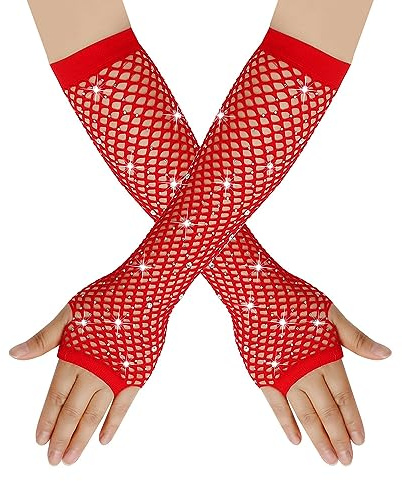 BrightGlow Netzhandschuhe Damen Lang Fischnetz Fingerlose Handschuhe Strass Mode Lang Netz Mesh Handschuhe Abendhandschuhe Opernhandschuhe für 80er Jahre Kostümparty Zubehör Rot Einheitsgröße