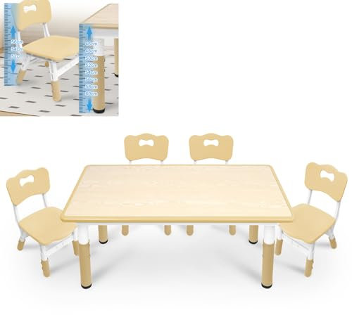 TWOLIIN Höhenverstellbare Kindertisch, Kindersitzgruppe mit 4 Stühlen Set, Kindermöbel aus Plastik, Kindertischgruppe für Kindergarten und Kinderzimmer, Tisch Stuhl Set für Jungen und Mädchen,Holzfarb