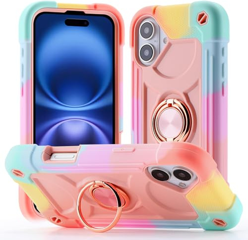Gunroc for iPhone 16 Case with 360°Rotate Ring Stand,Military Grade Drop Shockproof,Full Body Protection,Heavy Duty,3-Layer Protective Cover Case for iPhone 16 Pink