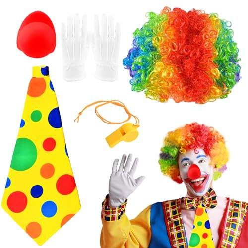 Cheloveer 5PCS Clown Kostüm Clown Accessoires Set Herren Mit Perücke Nase Krawatte Handschuhen Und Pfeifen, Zubehör Karneval Kostüme