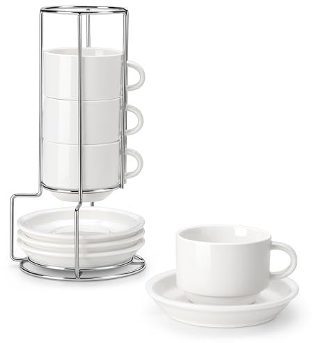 MALACASA Serie REGULAR, Set di 4 Tazze da Caffè per 4 Persone, 270 ml, Servizio da Caffè Impilabile con Piattino e Supporto in Metallo, Ideale per Espresso, Cappuccino, Latte, Moka e Tè, Bianco