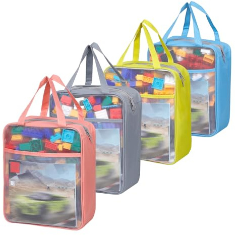 4 Pack Extra Large Mesh Toy Zipper Storage Bags(11.8 * 9.8 * 5.2in),Magnetic Tiles Block Sets Plush Toy Storage Organizer with Pockets, Travel Breathable See Through Colored Pouch with Handle