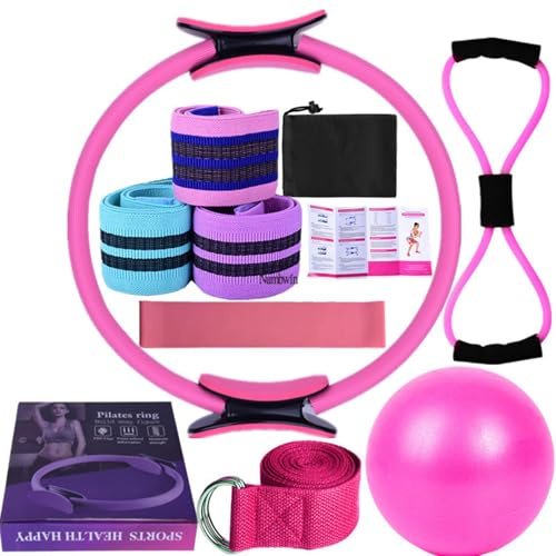 Tarange 10 Stück Pilates Ring Set, Pilates Essentials Kit Mit Farbige Box, Pilates Zubehör, Pilates Ball, Band, Pilatesring Ring, Für Beine Arme Und Oberschenkel Gewichtsverlust Ausrüstung (Rosa)