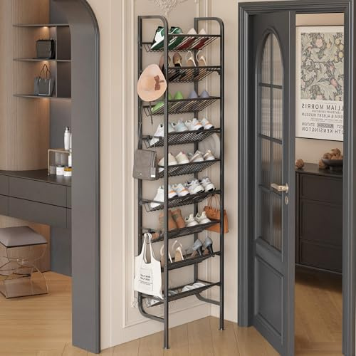 Ornestia Zapatero para Puerta, Zapatero MetáLico de 9 Estantes para Colocar detráS de la Puerta, Zapatero Abierto, con 12 Ganchos para Despensa, Recibidor, SalóN (Negro, 45.4 x 20 x 175 cm)