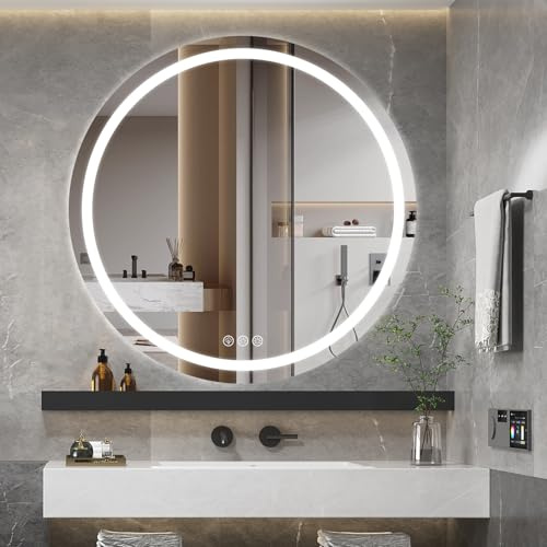 Ratsamee Espejo Baño con Luz Redondo 80cm, Espejos de Baño con LED con Antivaho, Regulable, 3 Colores Luz, Función Memoria