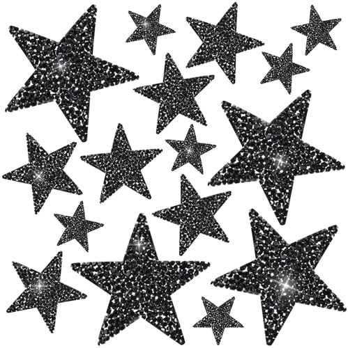 Ouligay 16 parches de estrellas para planchar, diseño de estrellas negras, con purpurina, para ropa, parches para planchar, estrás, estrellas, para ropa, vestidos, sombreros, vaqueros