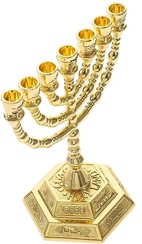 SOLUSTRE Candelabro Religioso Metálico Dorado Pequeño 13 Cm De 7 Brazos, Adorno Vintage para Hogar y Oficina, Decoración Religiosa para Altar y Escritorio, Pieza Única y Duradera