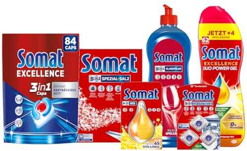 SOMAT Excellence 3in1 Caps 84 Stück 1,52 kg + Duo Power Gel 992 ml + Spezial-Salz 1,2 kg + Klarspüler 750 ml + Maschinenreiniger + Deo Zitrone & Orange – Komplett-Set Reinigung, Schutz & Frische