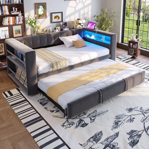 ZIDEY Polsterbett Schlafsofa 90/180×190 mit Ausziehbett, LED, USB, Tagesbett mit Staufach, Daybett, Einzelbett, Funktionsbett Stauraumbett Gästebett Jugendbett, ohne Matratze, Hellgrau