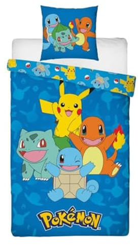 Pokémon, Parure de Lit Enfant Gamer pour Lit 1 Place, Motif Pikachu et Starters, Ensemble 2 pièces Housse de Couette Réversible 140x200 cm et Taie d'oreiller 63x63 cm, Textile Certifié Oeko TEX