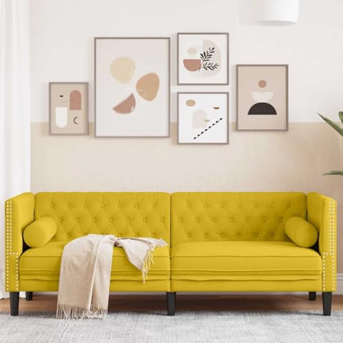 Teenpull Chesterfield-soffa, 3-sits, gul sammet, med nackrullar, vardagsrum, soffa, möbler, 194 cm bred, bekväm sittkomfort
