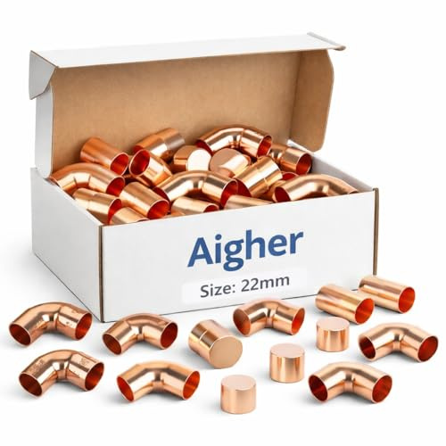 Aigher 22mm Copper End Feed Plumbing Fittings Kit, 30 Pieces, 6 Types Mixed Set, Elbows, Tee, Coupling, Stop End for Domestic Plumbing, Central Heating Systems