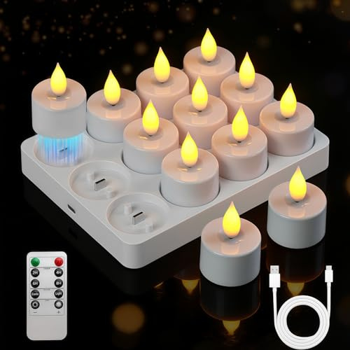 Lacasa 12 Stück Wiederaufladbare Teelichter mit Fernbedienung & Timer, Flackernde Elektrische LED Kerzen, Aufladbare Teelichter mit Ladestation, Deko für Weihnachten Party Zuhause