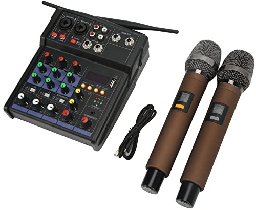 Generic Pequeño Mezclador Estéreo Bluetooth de Metal con 2 Micrófonos Inalámbricos para Transmisión en Vivo, 16 Reverberaciones, para Pequeñas Actuaciones, Karaoke en Casa, Discursos de Profesores,