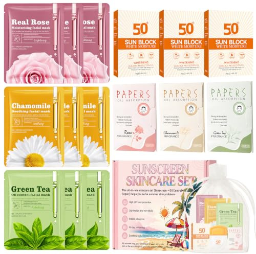 Sun Care Kit, Incluye 3 Protector Solar 50, 3 Papel Secante y 9 Mascara Facial, Protege Eficazmente Contra los Rayos UV, es Resistente al Agua y al Sudor, y Repara Intensamente la Piel