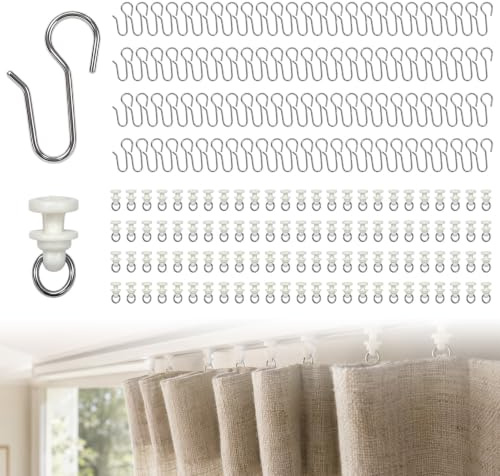 200 Stück Gardinenhaken Metall und Gardinenröllchen Set | 100 Vorhanghaken Metall, und 100 Kunststoff Gardinengleiter,Leise und leichtgängig, Robust und Langlebig