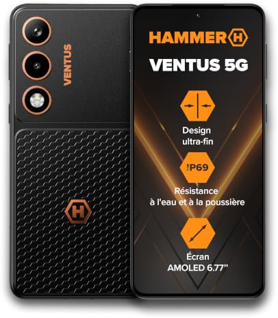 Hammer Ventus 5G Smartphone Outdoor 8 Go + 256 Go, Android 16, Écran AMOLED 6,77 120 Hz, Appareil Photo IA 108 MP, Batterie 5000 mAh, Charge Rapide 45 W, IP69, MIL-STD-810H