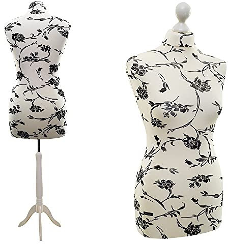 LUCCESI Schneiderpuppe | Größen S - XL (Female ♀) | Torso Size: XL (44-46) | Wechselbezug Creme-Weiss/florales Muster (schwarz) | Standfuss Weiss | Damen - Schaufensterpuppe