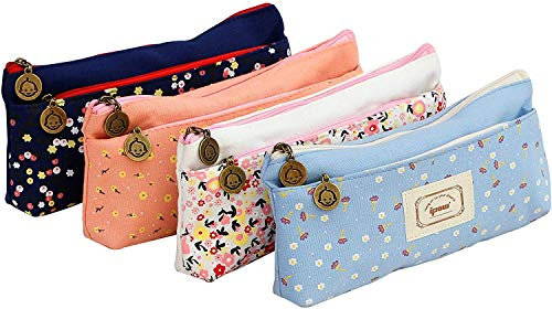 ipow 4 Stück Federtasche 2-Fach, Vintage Leinwand Pastorale Stil Blume Muster Federmäppchen Stiftemappe stiftemäppchen Griffelmappe klein Kosmetiktasche, dunkelblau, hellblau, weiß & rosa