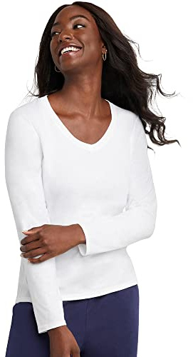 Hanes Women's Originals Long Sleeve Cotton T-Shirt, Lightweight V-Neck Tee, Modern Fit, White, L