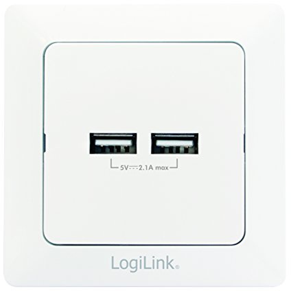 LogiLink PA0163 Steckdose mit 2X USB zum Laden von Smartphones, Handys, eBooks, Tablets, etc, Unterputzdose (DE 80x80mm) mit Kinderschutz