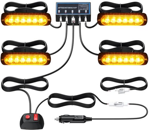 Justech 4x6LED Luci LED Lampeggiante Ambra Emergenza Lampada Strobe Emergenza Indicatori Strobo Avvertimento Spia Lampeggiante 12/24 V con Scatola di Controllo Principale per Veicolo Rimorchio Camion
