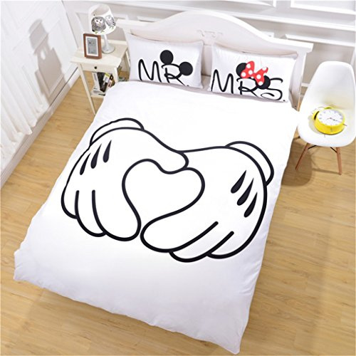 Haru Homie Set copripiumino in microfibra stampato Topolino e Mr/Mrs, set biancheria da letto reversibile 3 pezzi con cerniera, ultra morbido e leggero, facile da pulire, per coppie, king size