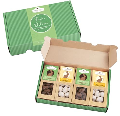 wellnuss Oster Edition - Trüffelmandeln mit Kakao & Kokos Mandeln mit weißer Schokolade | Ostersnacks im Geschenkkarton mit Motiv | Natürlicher Genuss ohne Zusätze (4 x 60 g)