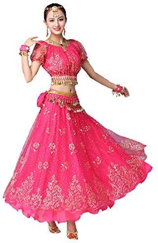Grouptap Bollywood Rosa Indiano Donna Elegante Fantasia Anarkali Salwar Kameez Abito Arabo Principessa Danza del Ventre Gonna Abiti Costume (Rosa, 150-170 cm, 45-70 kg)