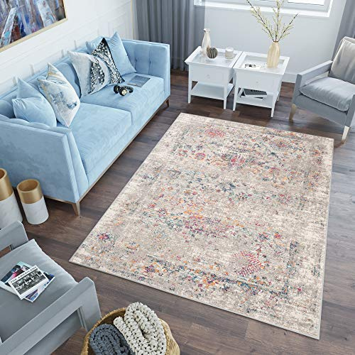 TAPISO Lazur Teppich Kurzflor Grau Rosa Orange Blumen 140 x 190 cm | Klassisch Verwischt Orientalisch Ornament Floral Wohnzimmer Schlafzimmer OEKO-TEX