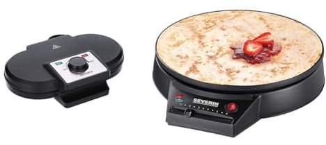 SEVERIN Duo-Waffeleisen, antihaftbeschichtetes Doppelwaffeleisen für zwei klassische Herzwaffeln, ca. 1.200 W Leistung, schwarz, WA 2106 & Crêpes Maker, 30 cm Durchmesser, schwarz, CM 2198